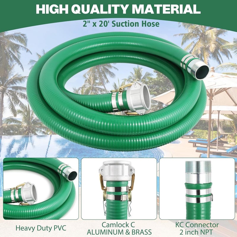 Picatu Heavy Duty 2" x 20' Green PVC Discharge Hose Pump Kit, Pool Suction Hose with Aluminum Camlock Fittings, Steel Round Strainer, Cam & Groove Adapter - Image 2